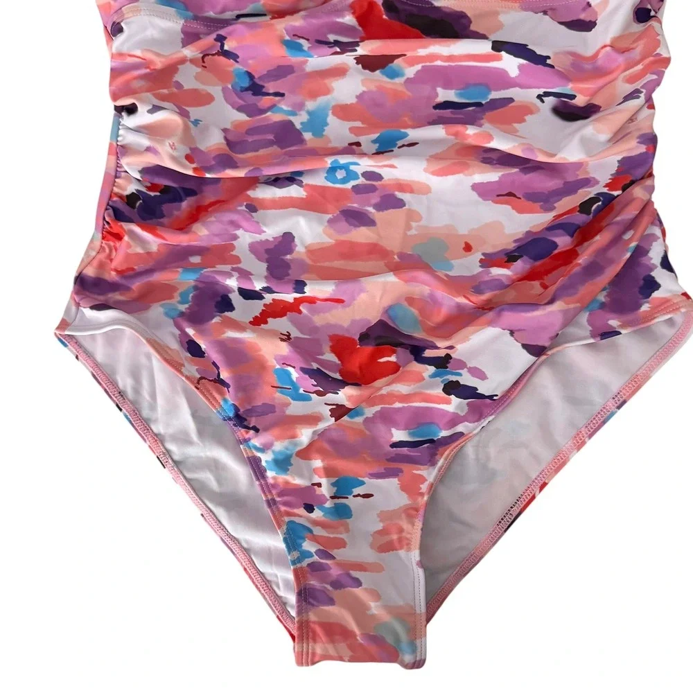 Unbranded‎ Abstract One Piece Swimsuit Womens Medium Pink Multi NWOT Ruched